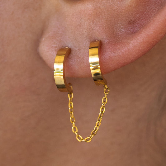 Grayton Chained Double Gold Hoop Earrings, Waterproof Jewelry By ALCO. Free Delivery