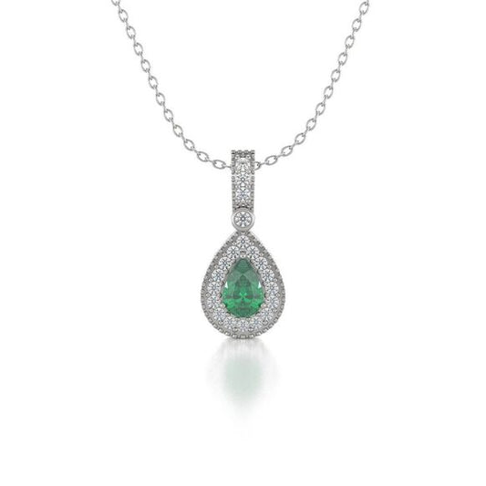 White Gold, Emerald Green and Diamond Pendant Necklace. Best Selling French Brand, Aden Bijoux. Free Delivery